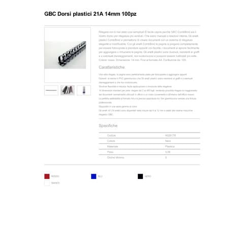 Dorsi plastici a 21 anelli GBC CombBind 14 mm A4 nero -  fino a 125 fogli conf da 100 dorsi - 4028178